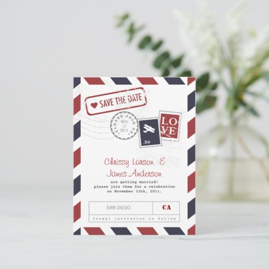 Luchtpostkaart Save the Date (Staand voorkant)