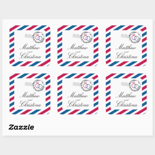 Luchtpostzegel en trouwringen vierkante sticker (Vel)