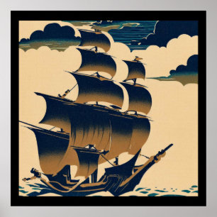 Luchtschepen die boven wolken varen - Houtsnede 3 Poster