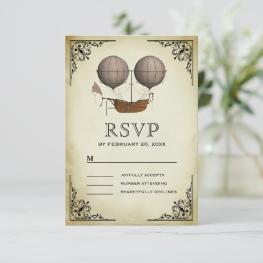  luchtschip hete luchtballon bruiloft RSVP kaartje (Staand voorkant)