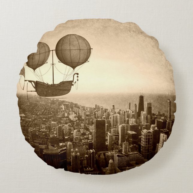 Luchtship boven Chicago Rond Kussen (Voorkant)