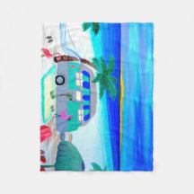 Luchtstroomretro camper op het strand gooien deken