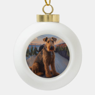 Luchtvaardige Kerstcruise: Pawsome Holiday Delight Keramische Bal Ornament