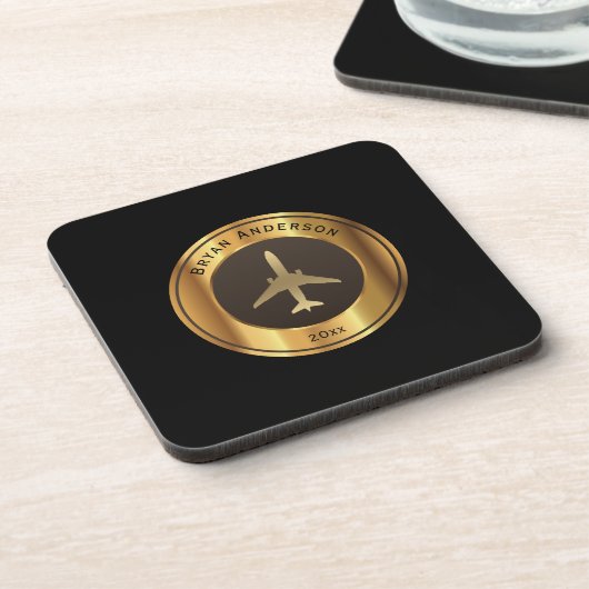 Luchtvaart - Gold Airplane Logo Beverage Coaster Bier Onderzetter (Linkerzijde)