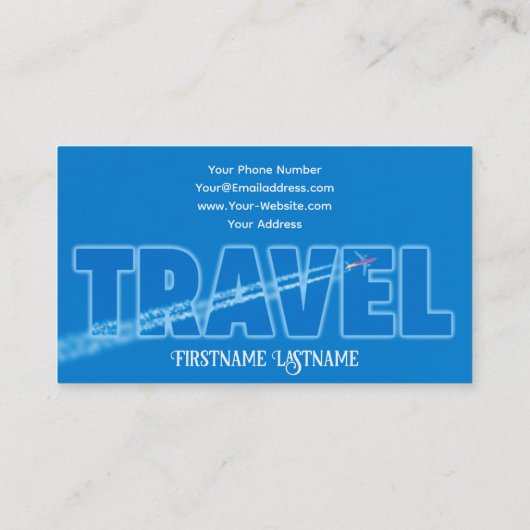 Luchtvliegtuig met reisagent tegen blauw vliegtuig visitekaartje (Achterkant)