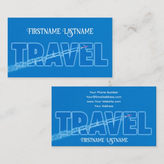 Luchtvliegtuig met reisagent tegen blauw vliegtuig visitekaartje (Voorkant / Achterkant)