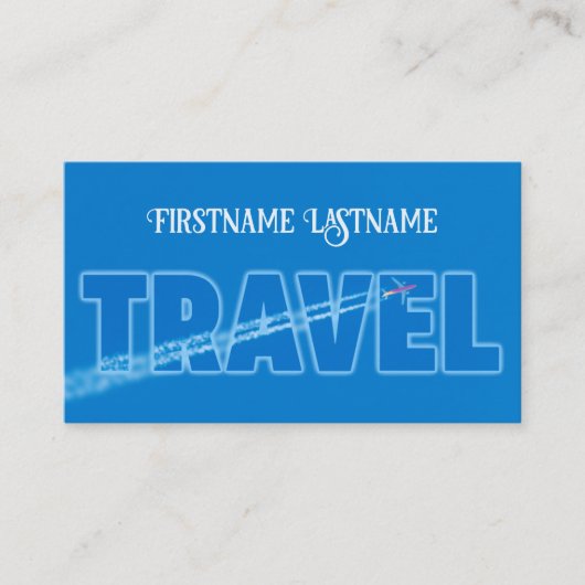 Luchtvliegtuig met reisagent tegen blauw vliegtuig visitekaartje (Voorkant)