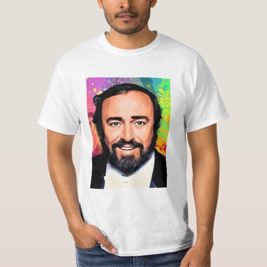 Luciano Pavarotti gekleurd portret T-shirt (Voorkant)
