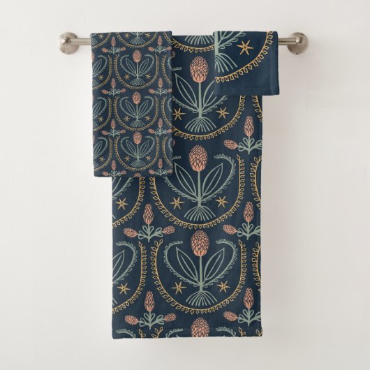 Lucile Floral Botanical Tegel Pattern Deep BLue Bad Handdoek (Insitu)