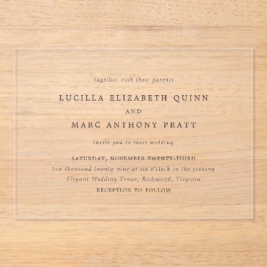 Lucilla Elegant Modern Wedding Acryl Uitnodigingen (Voorkant)