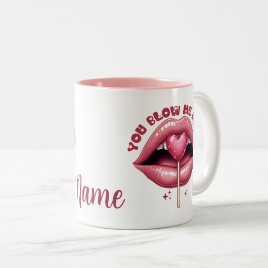 Lucious Pink Lips met hartvormige lolly Tweekleurige Koffiemok (Voorkant rechts)