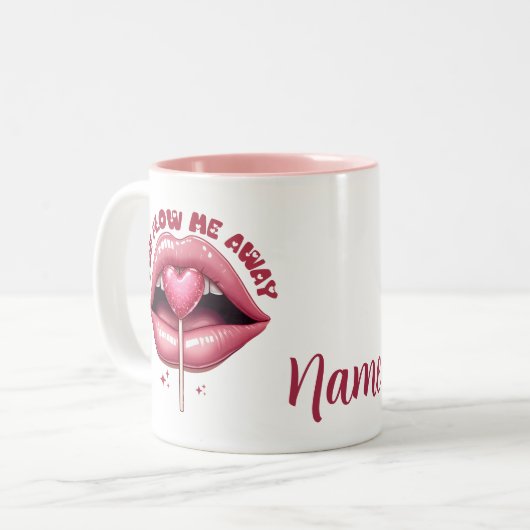 Lucious Pink Lips met hartvormige lolly Tweekleurige Koffiemok (Voorkant links)