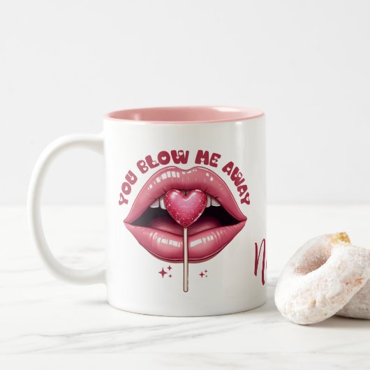Lucious Pink Lips met hartvormige lolly Tweekleurige Koffiemok (Met donut)