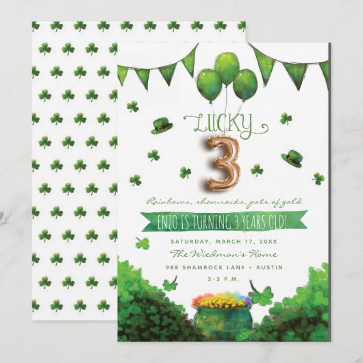 Lucky 3 Patrick's Day Birthday Party Kaart (Voorkant / Achterkant)