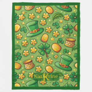Lucky 4 Leaf Clover Shamrock Pot of Gold Ierse Hoe Fleece Deken