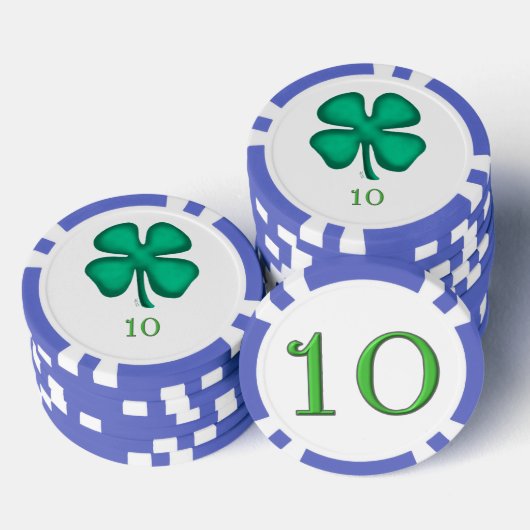 Lucky 4 Leaf Irish Clover blu 10 streep poker chip (Opstapeling)