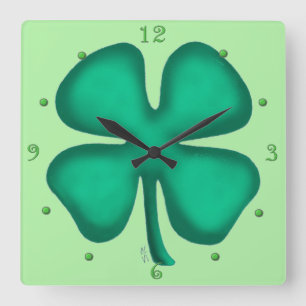 Lucky 4 Leaf Irish Clover groene vierkante wandklo Klok