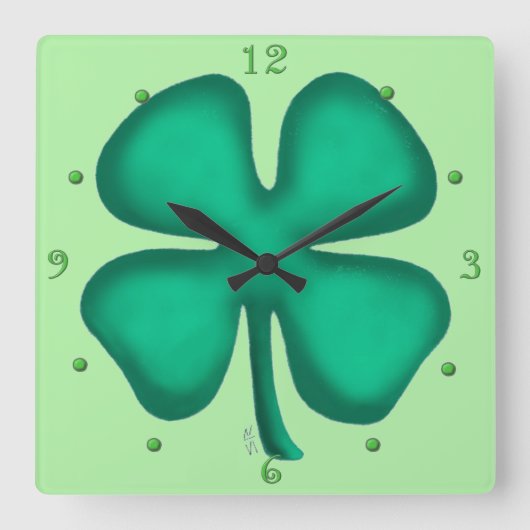 Lucky 4 Leaf Irish Clover groene vierkante wandklo Vierkante Klok (Voorkant)
