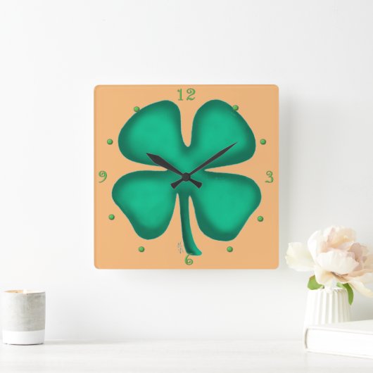 Lucky 4 Leaf Irish Clover tan vierkante wandklok (Huis)