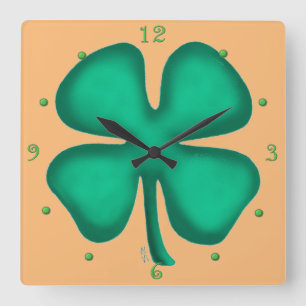 Lucky 4 Leaf Irish Clover tan vierkante wandklok