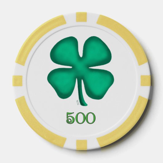 Lucky 4 Leaf Irish Clover yl 500 streep poker chip (Voorkant)