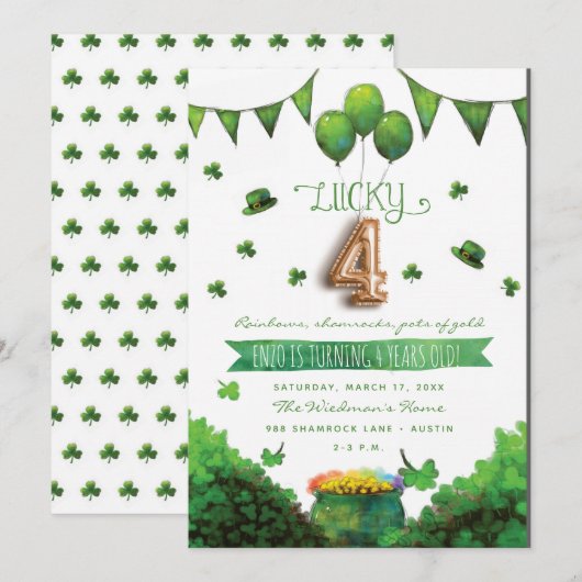 Lucky 4 Patrick's Day verjaardagsfeestje uitnodigi Kaart (Voorkant / Achterkant)