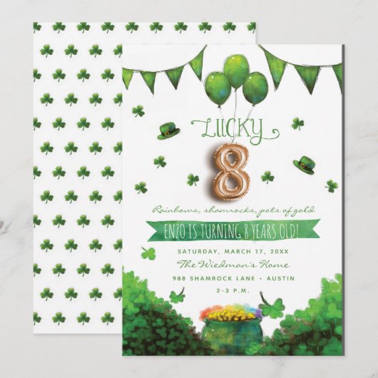 Lucky 8 Patrick's Day Birthday Party Kaart (Voorkant / Achterkant)