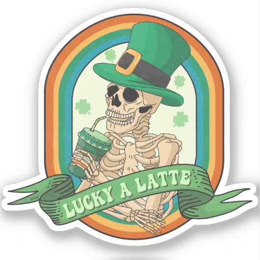 Lucky A Latte - Skelet, Koffie en Klavers Sticker (Voorkant)