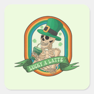 Lucky A Latte - Skelet, Koffie en Klavers Vierkante Sticker