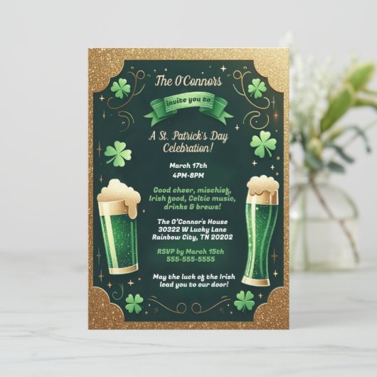 Lucky Beers Glitter St. Patrick's Day Party Kaart (Staand voorkant)