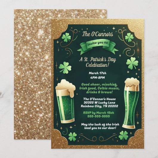 Lucky Beers Glitter St. Patrick's Day Party Kaart (Voorkant / Achterkant)