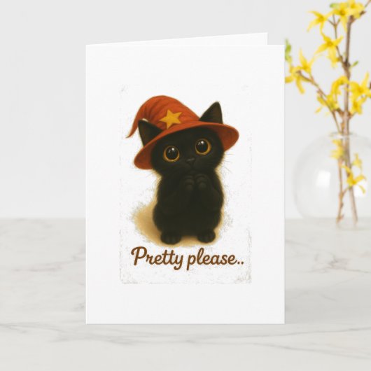 Lucky Black Cat Emi – Pretty Please Witch Hat Kaart (Gele Bloem)