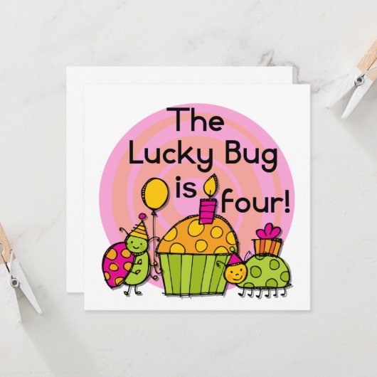 Lucky Bug Cupcake 4e verjaardag T-shirts en gesche Kaart (Voorkant / Achterkant in situ)