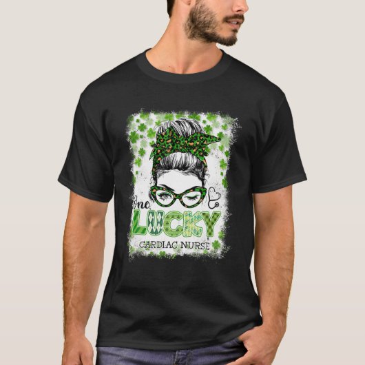 Lucky Cardiac Nurse Messy Bun Leopard St Patrick's T-shirt (Voorkant)