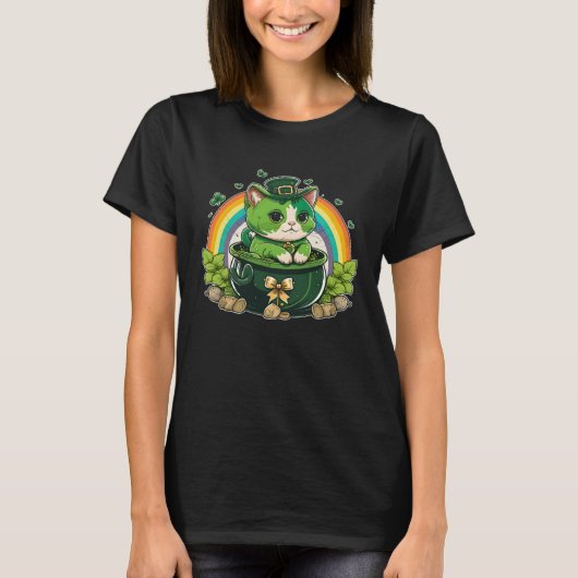 Lucky Cat and Pot Rainbow Shamrock St Patrick s Da T-shirt (Voorkant)