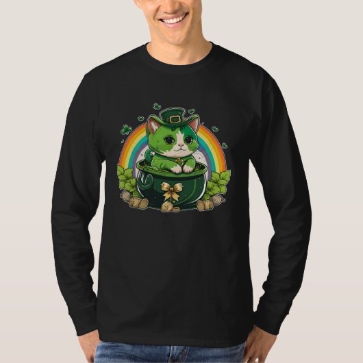 Lucky Cat and Pot Rainbow Shamrock St Patrick s Da T-shirt (Voorkant)