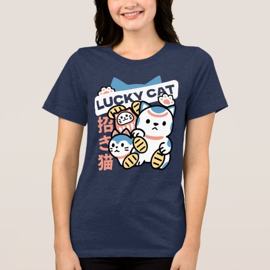 Lucky Cat Art – Maneki Neko with Gold Coin Tri-Blend Shirt (Voorkant)