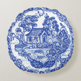 Lucky Cat Blue Willow Koi Bird Asian Pagoda Garden Rond Kussen