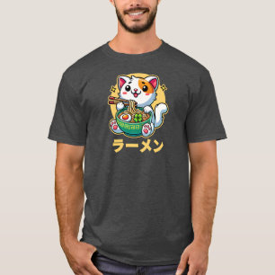 Lucky Cat Eating Ramen Noodles Kawaii Schattige T-shirt