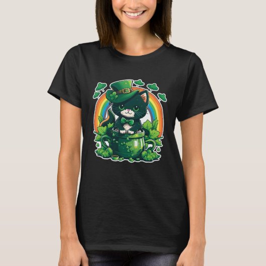 Lucky Cat en Pot Rainbow Shamrock St Patrick's Da T-shirt (Voorkant)