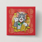 Lucky Cat Jerry met Gold Sycees Vierkante Button 5,1 Cm (Voorkant)