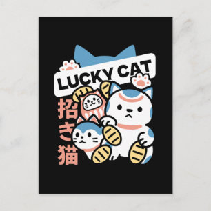 Lucky Cat Kunst – Maneki Neko met Gouden Munt Feestdagenkaart
