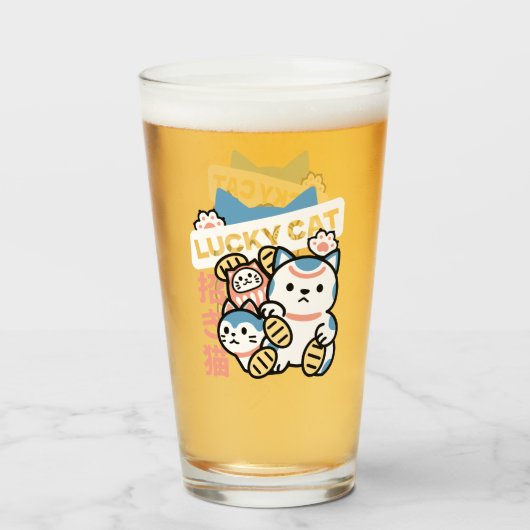 Lucky Cat Kunst – Maneki Neko met Gouden Munt Glas (Voorkant gevuld)