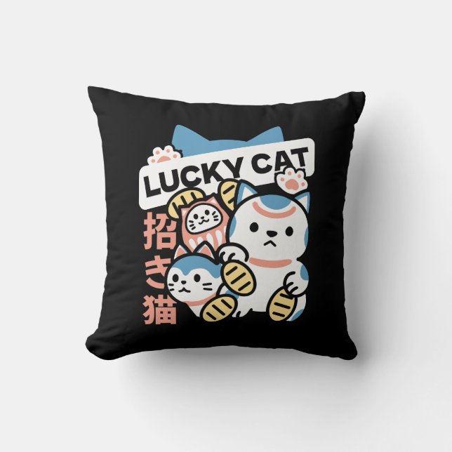 Lucky Cat Kunst – Maneki Neko met Gouden Munt Kussen (Voorkant)
