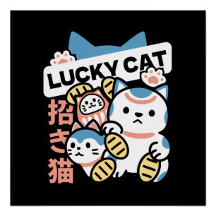 Lucky Cat Kunst – Maneki Neko met Gouden Munt Perfect Poster