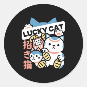 Lucky Cat Kunst – Maneki Neko met Gouden Munt Ronde Sticker