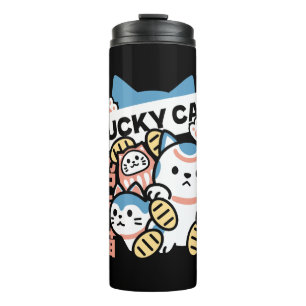 Lucky Cat Kunst – Maneki Neko met Gouden Munt Thermosbeker