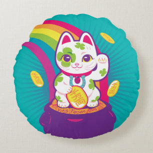 Lucky Cat Maneki Neko Good Luck Pot of Gold Rond Kussen