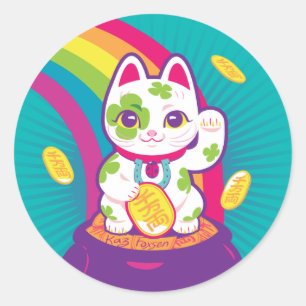 Lucky Cat Maneki Neko Good Luck Pot of Gold Ronde Sticker