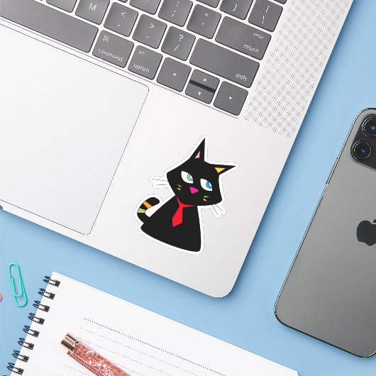 Lucky Cat met stropdas Doodle Sticker (Laptop met iPhone)
